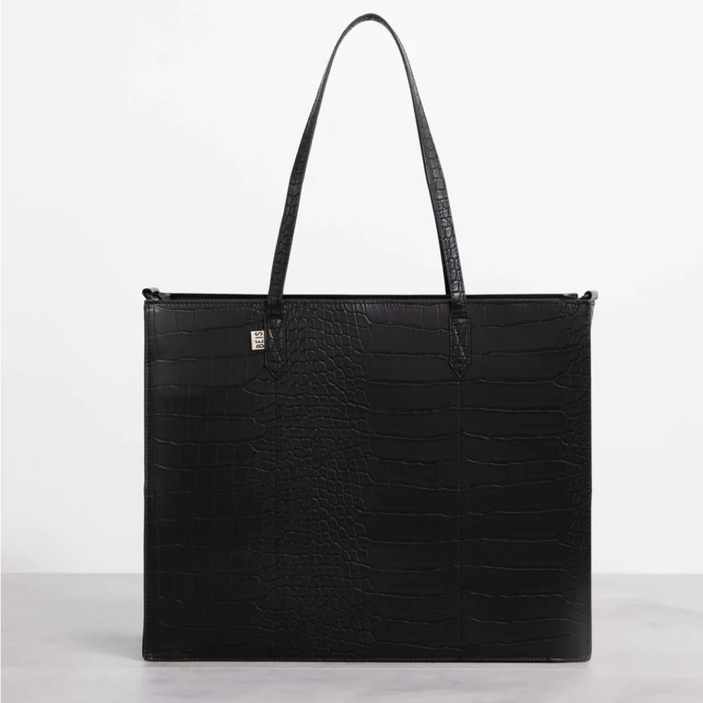 Beis Large Work Tote in Black Croc NWT